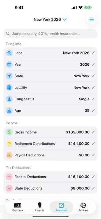 Scenario editor with filing info, gross income, retirement contributions, and federal and state tax deductions