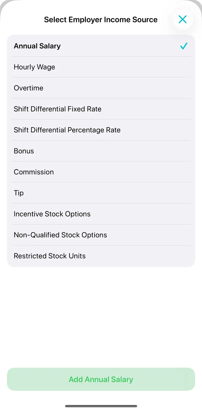 Employer income source picker with annual salary, hourly wage, overtime, bonus, commission, tips, and stock options