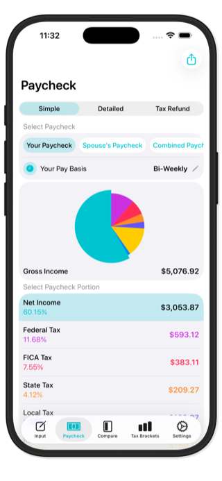 My Paycheck Calculator showing detailed take-home pay breakdown