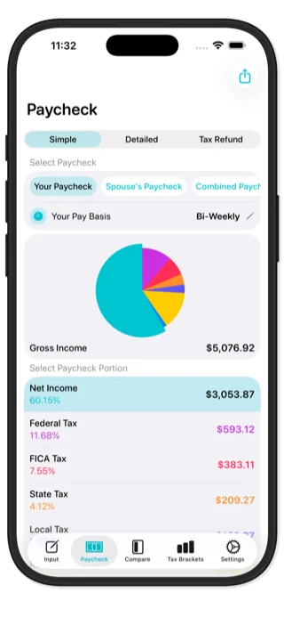 My Paycheck Calculator showing detailed take-home pay breakdown