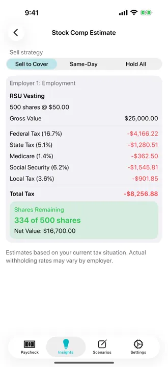 RSU vesting tax estimate with sell-to-cover strategy showing federal, state, Medicare, Social Security, and local tax withholding